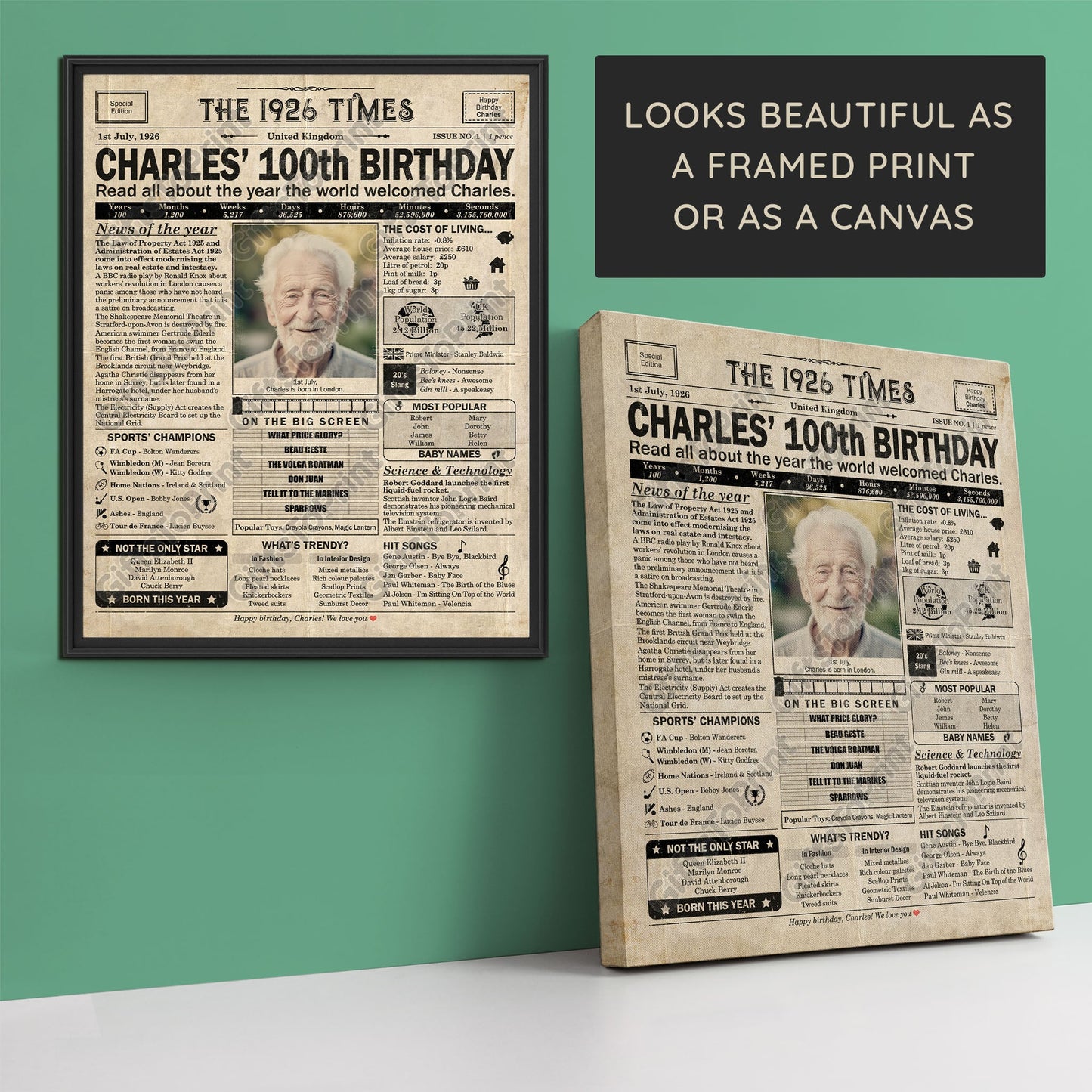 Personalised 100th Birthday Gift: A Printable UK Birthday Poster of 1926