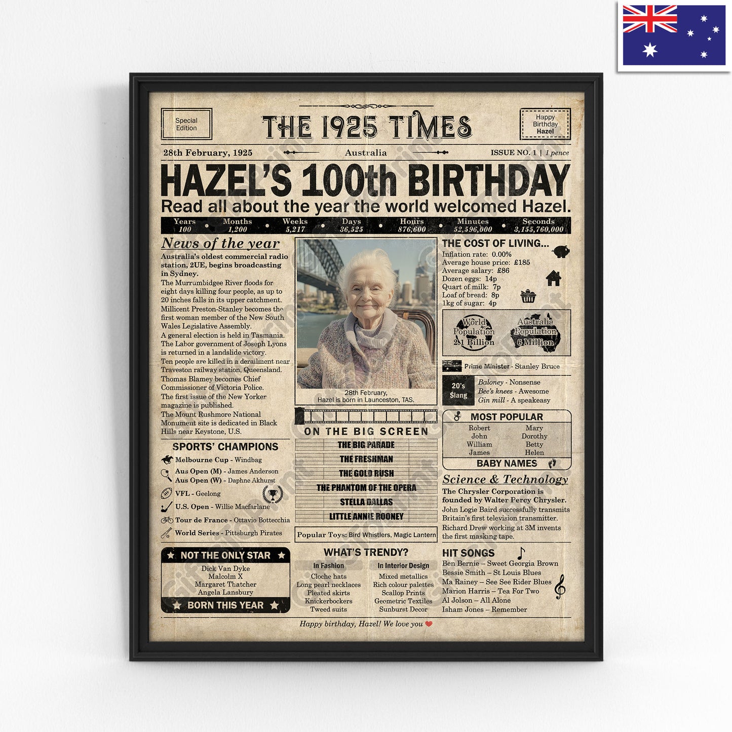 Personalised 100th Birthday Gift: A Printable AUSTRALIAN Birthday Poster of 1925