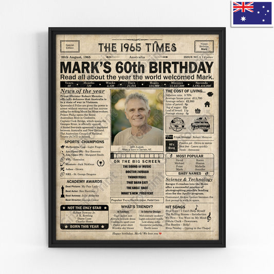 Personalised 60th Birthday Gift: A Printable AUSTRALIAN Birthday Poster of 1965