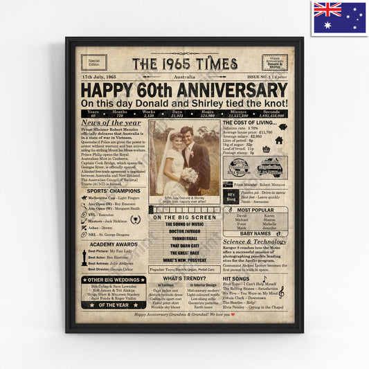 Personalised 60th Anniversary Gift: A Printable AUSTRALIAN Newspaper Poster of 1965