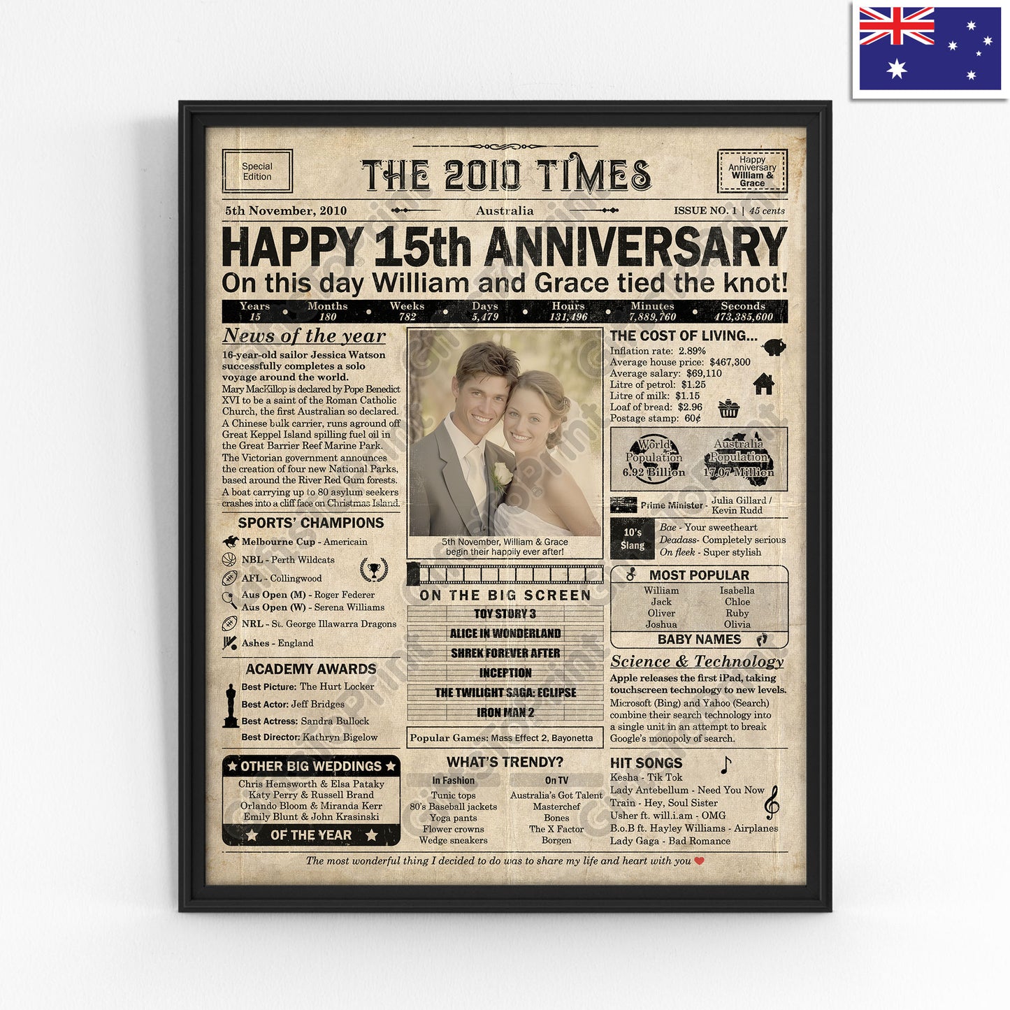 Personalised 15th Anniversary Gift: A Printable AUSTRALIAN Newspaper Poster of 2010