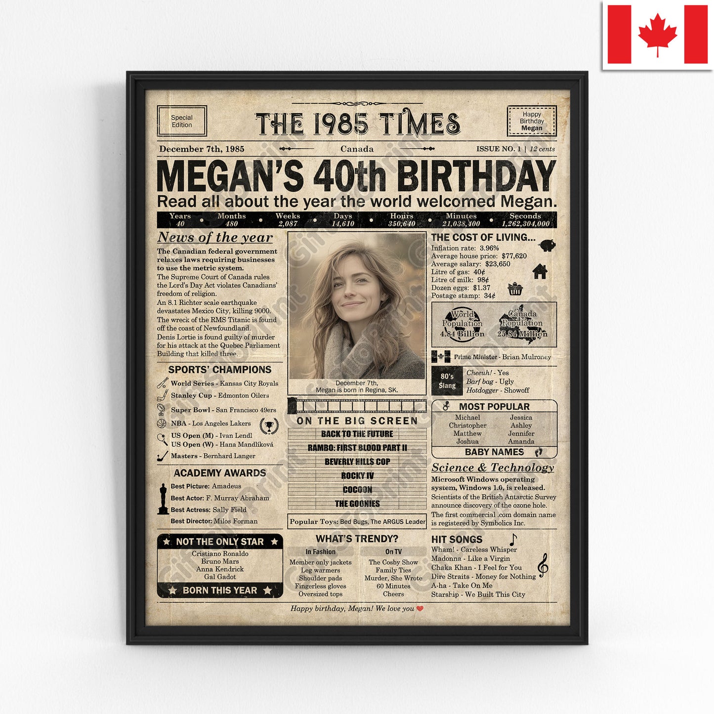 Personalized 40th Birthday Gift: A Printable CANADIAN Birthday Poster of 1985