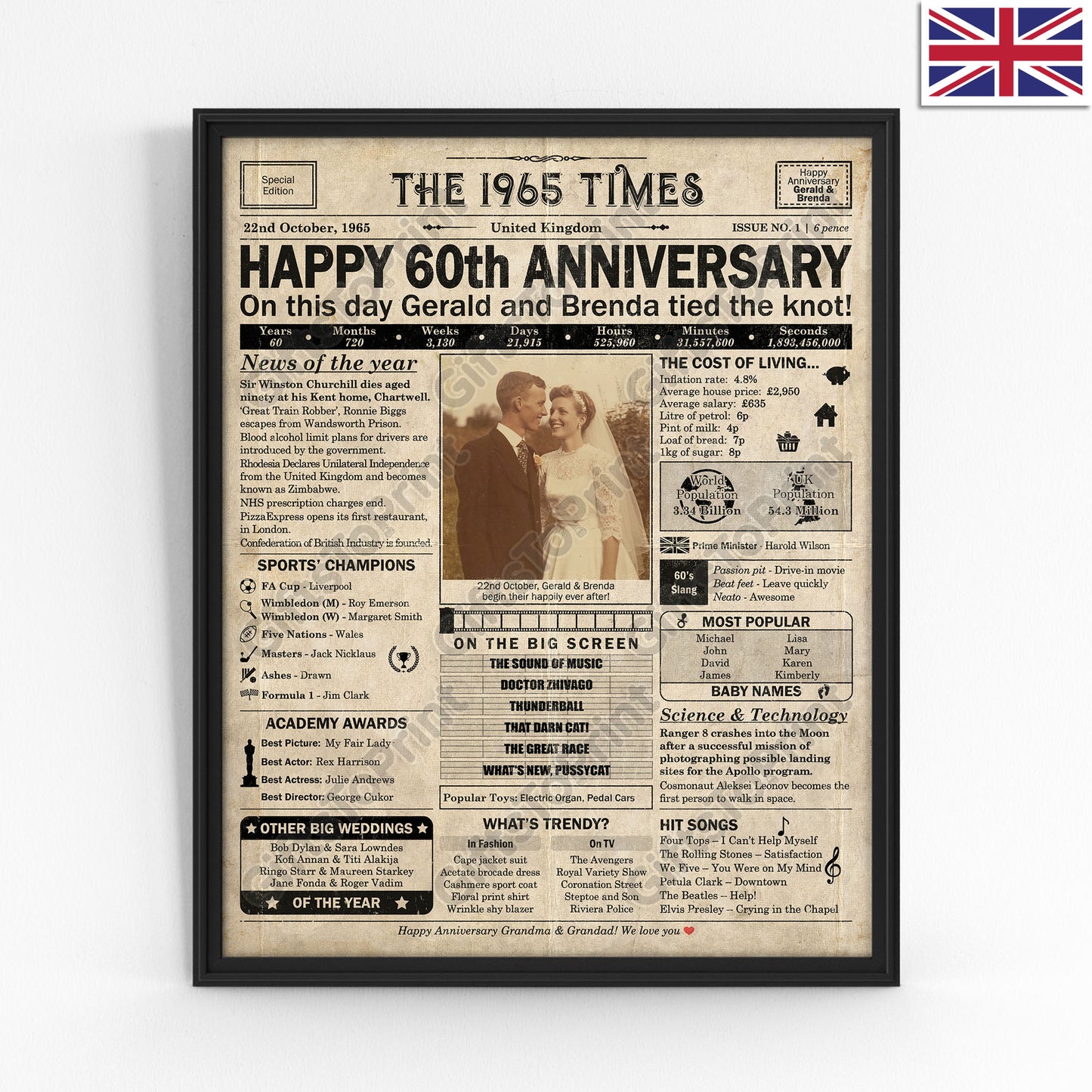 Personalised 60th Anniversary Gift: A Printable UK Newspaper Poster of 1965