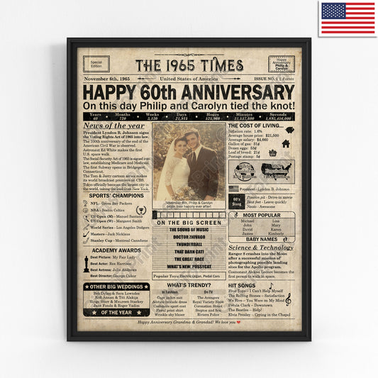 Personalized 60th Anniversary Gift: A Printable US Newspaper Poster of 1965