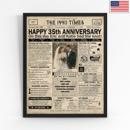 Personalized 35th Anniversary Gift: A Printable US Newspaper Poster of 1990