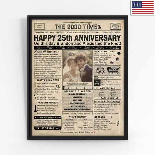 Personalized 25th Anniversary Gift: A Printable US Newspaper Poster of 2000
