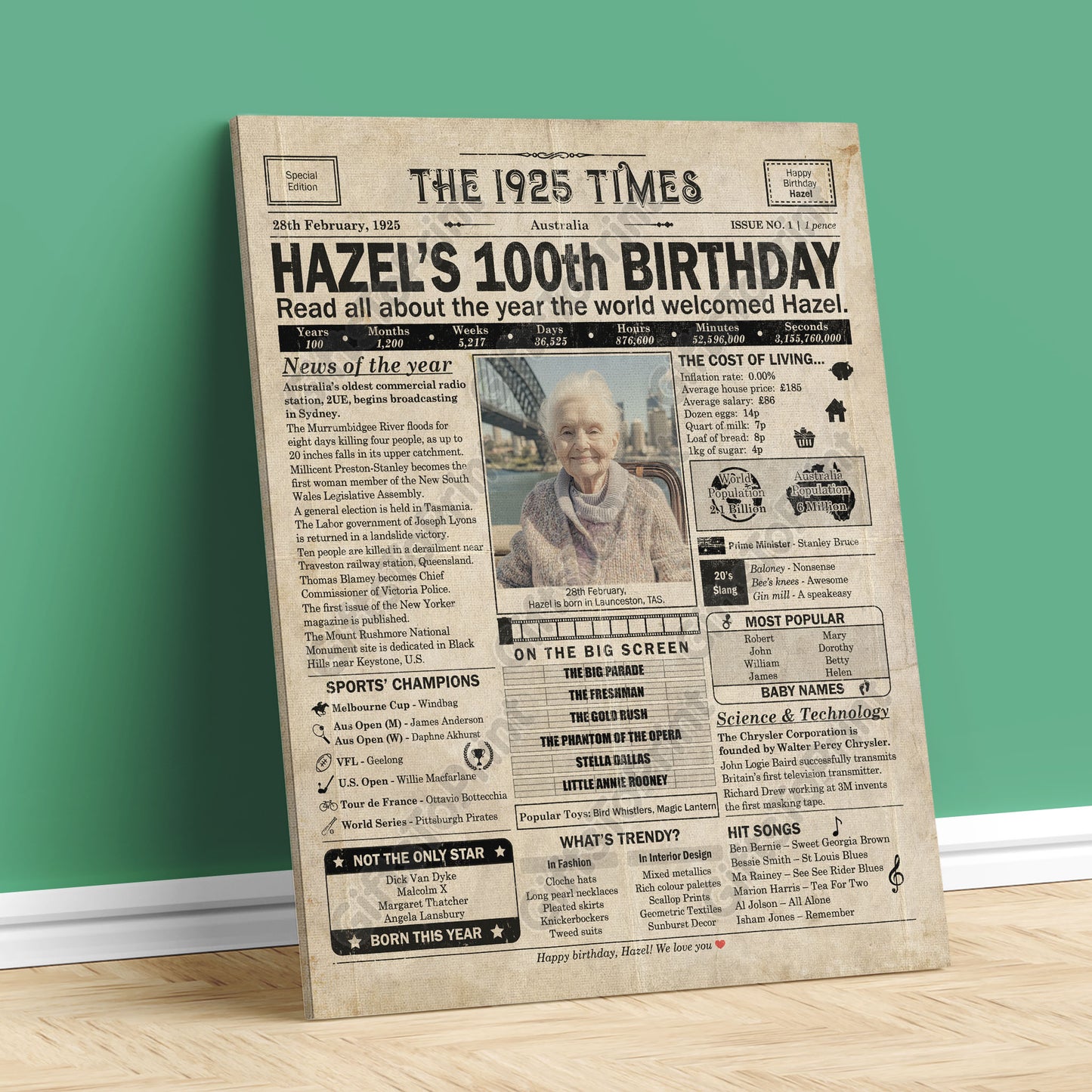Personalised 100th Birthday Gift: A Printable AUSTRALIAN Birthday Poster of 1925