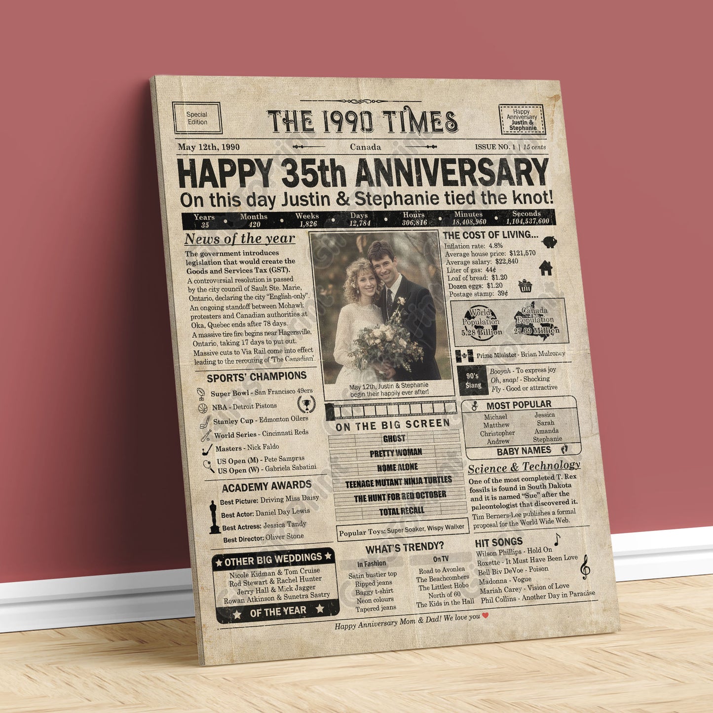 Personalized 35th Anniversary Gift: A Printable CANADIAN Newspaper Poster of 1990