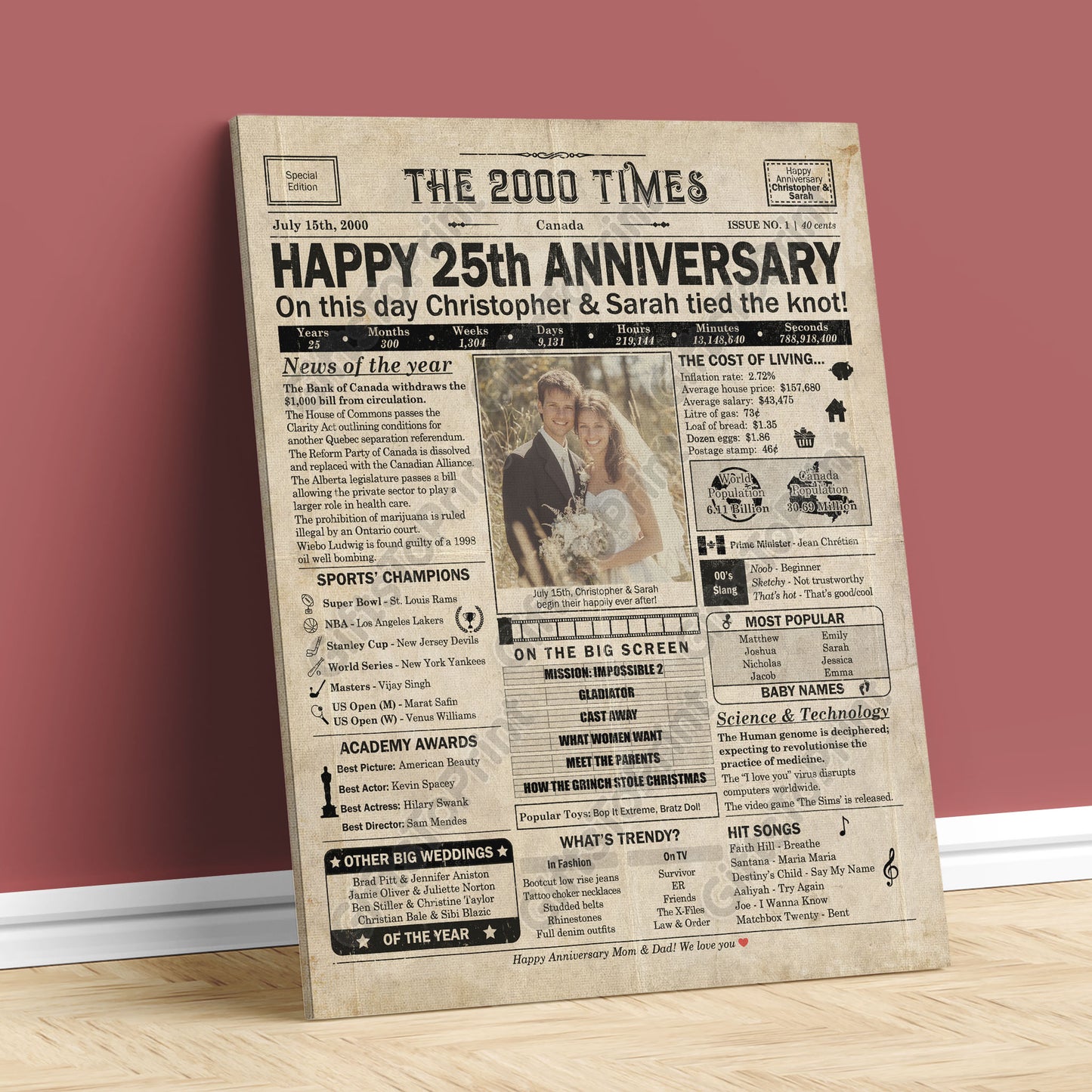 Personalized 25th Anniversary Gift: A Printable CANADIAN Newspaper Poster of 2000