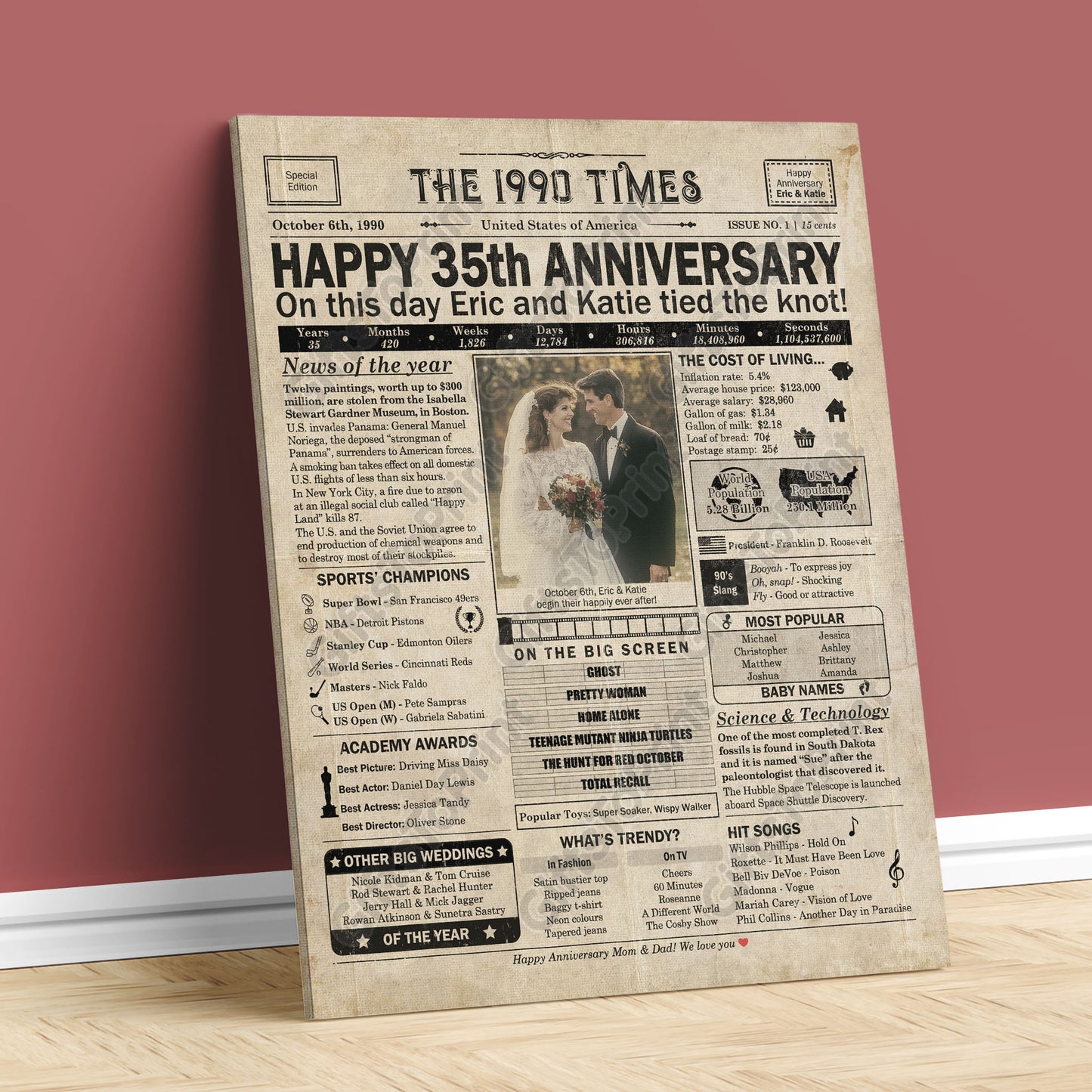 Personalized 35th Anniversary Gift: A Printable US Newspaper Poster of 1990