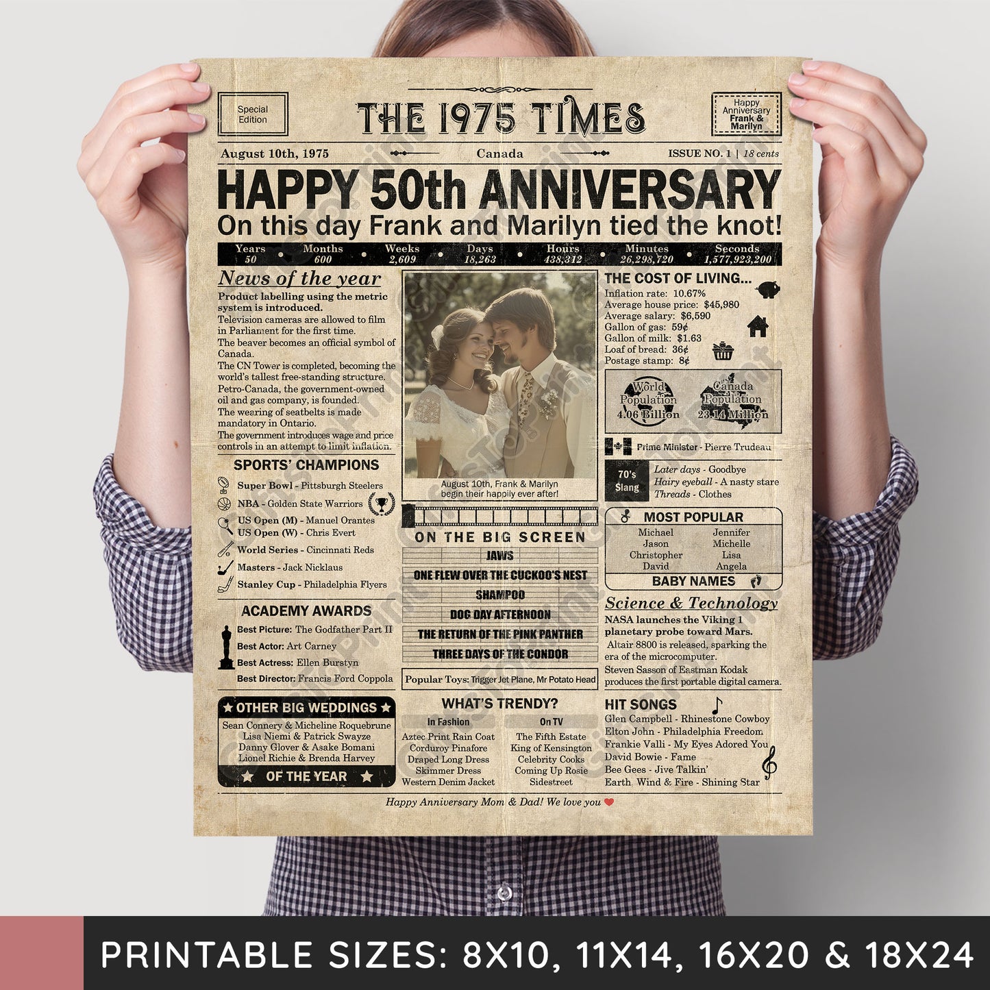 Personalized 50th Anniversary Gift: A Printable CANADIAN Newspaper Poster of 1975