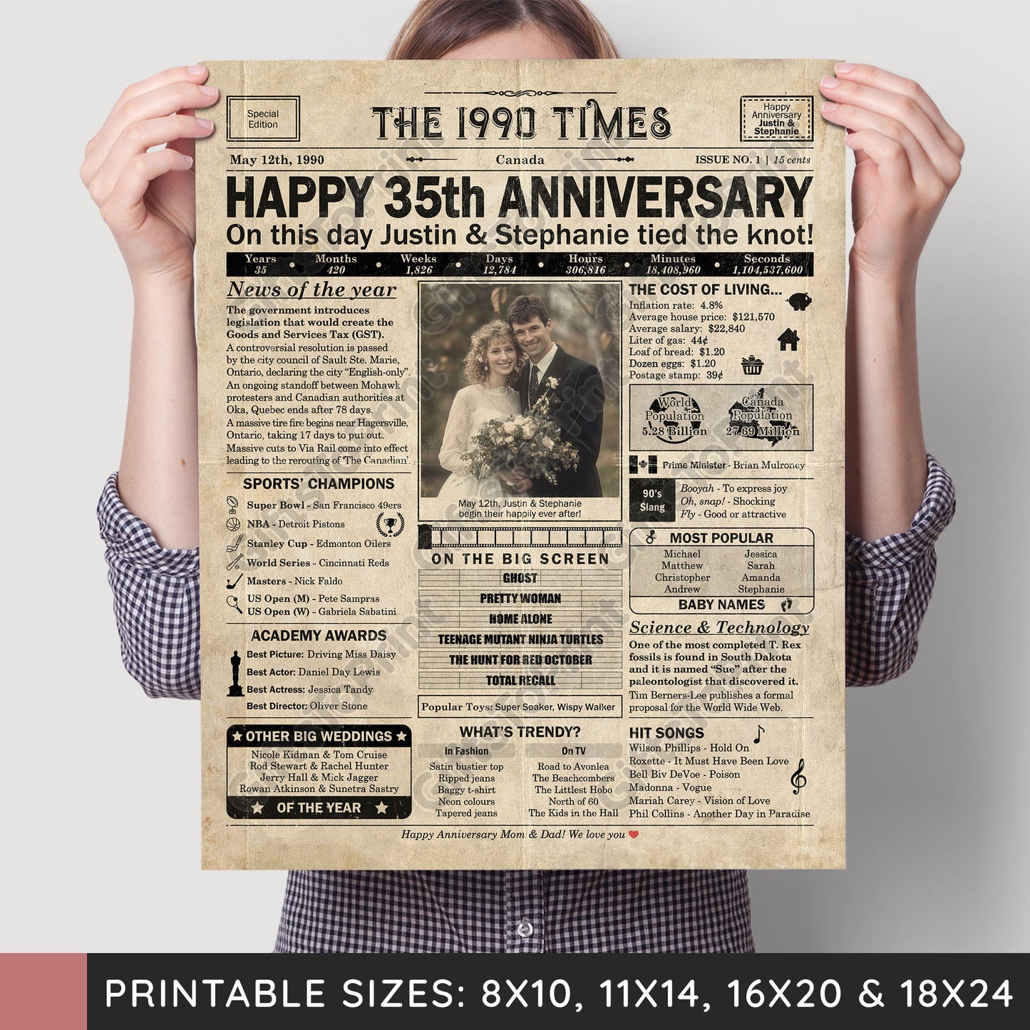 Personalized 35th Anniversary Gift: A Printable CANADIAN Newspaper Poster of 1990