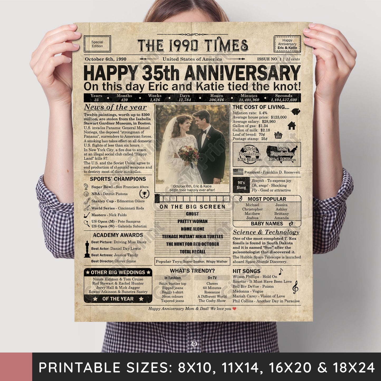 Personalized 35th Anniversary Gift: A Printable US Newspaper Poster of 1990