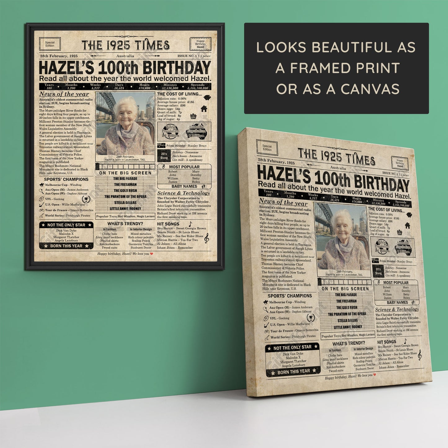 Personalised 100th Birthday Gift: A Printable AUSTRALIAN Birthday Poster of 1925