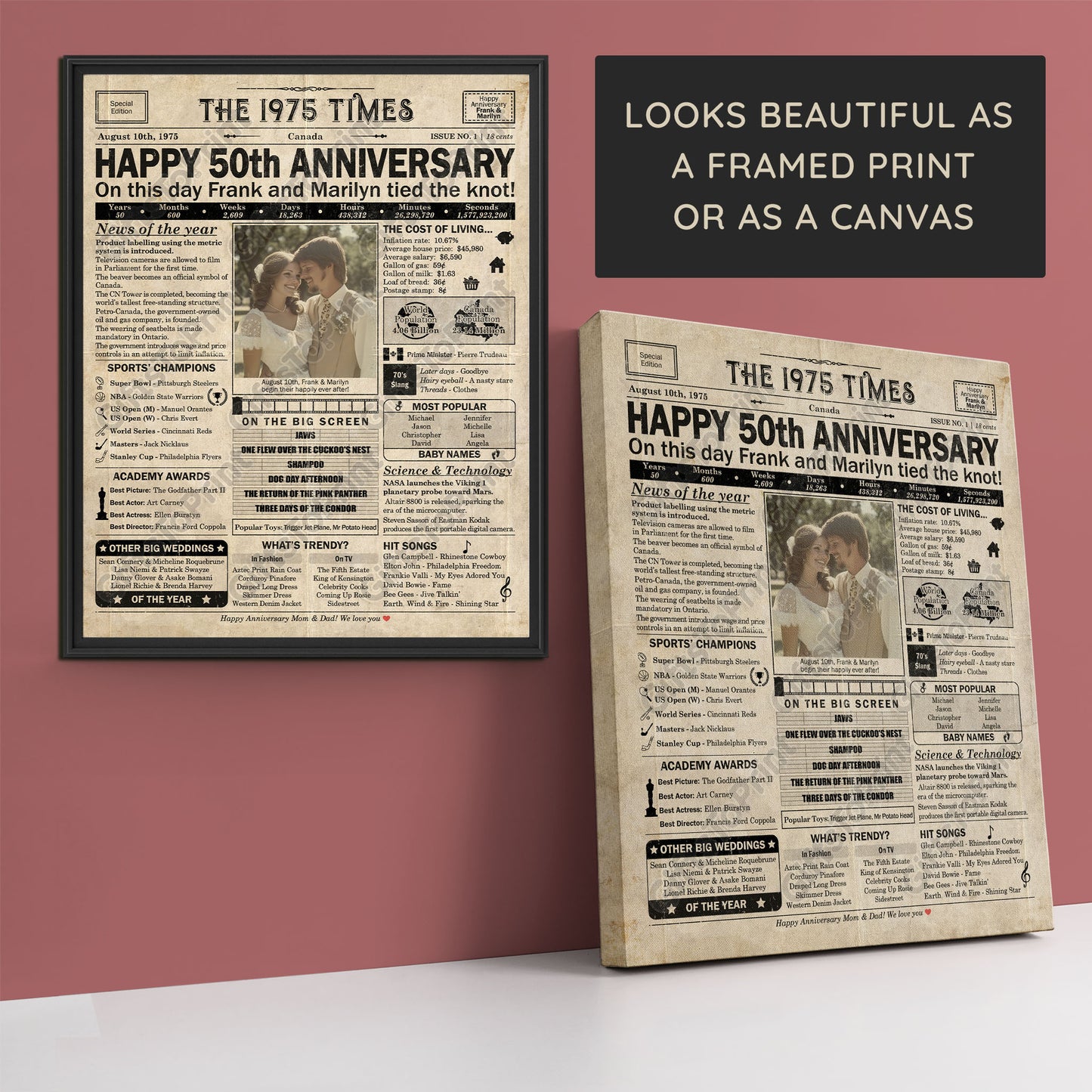 Personalized 50th Anniversary Gift: A Printable CANADIAN Newspaper Poster of 1975