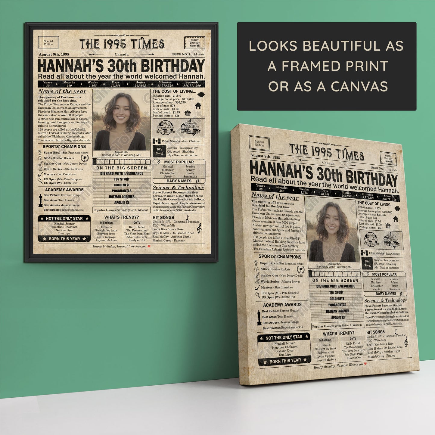 Personalized 30th Birthday Gift: A Printable CANADIAN Birthday Poster of 1995
