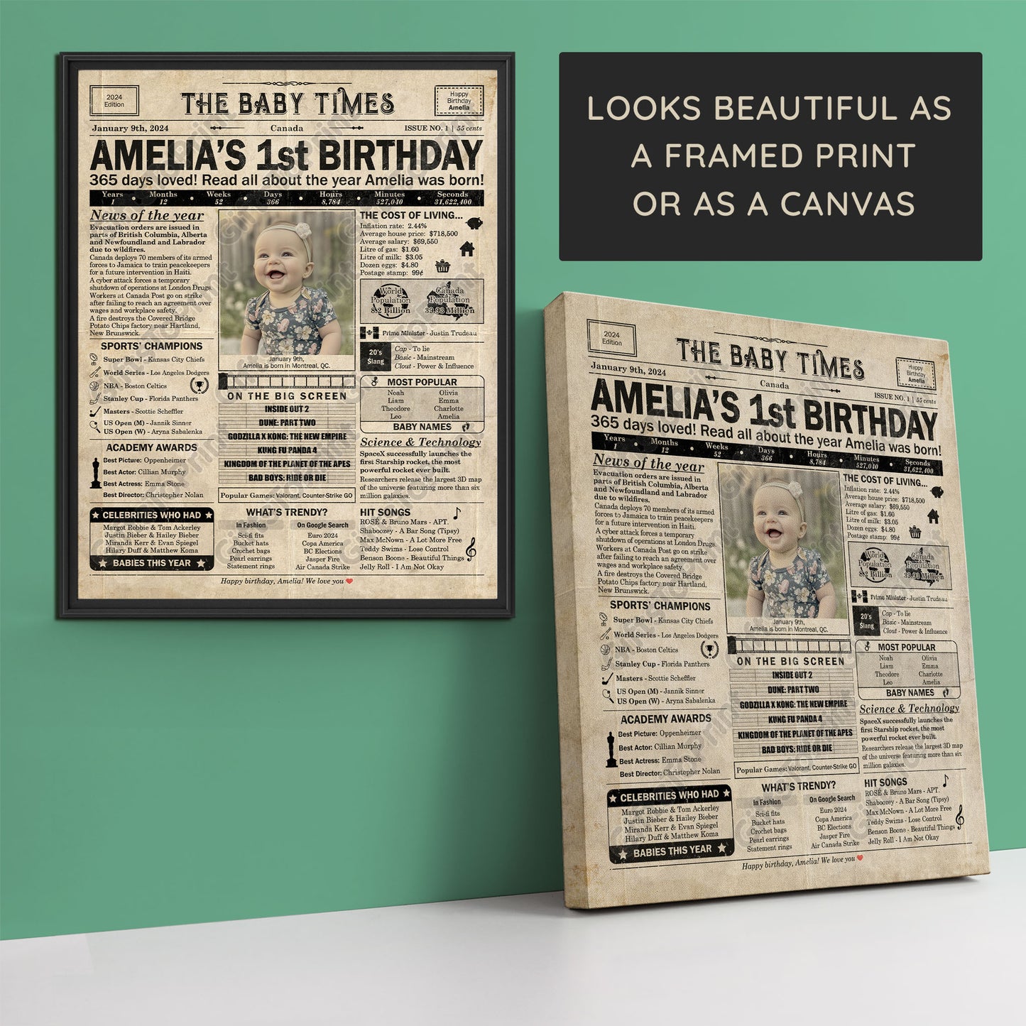 Personalized 1st Birthday Gift: A Printable CANADIAN Birthday Poster of 2024