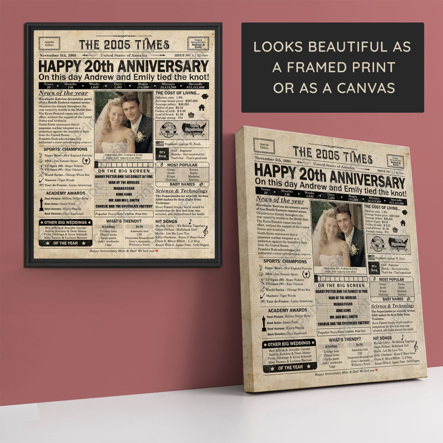 Personalized 20th Anniversary Gift: A Printable US Newspaper Poster of 2005