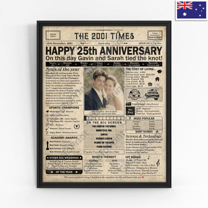 Personalised 25th Anniversary Gift: A Printable AUSTRALIAN Newspaper Poster of 2001