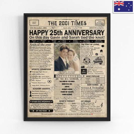 Personalised 25th Anniversary Gift: A Printable AUSTRALIAN Newspaper Poster of 2001