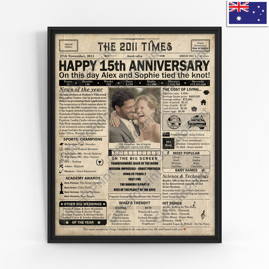 Personalised 15th Anniversary Gift: A Printable AUSTRALIAN Newspaper Poster of 2011