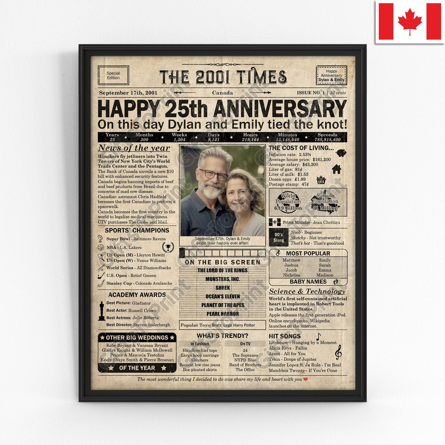 Personalized 25th Anniversary Gift: A Printable CANADIAN Newspaper Poster of 2001