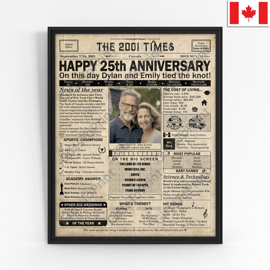 Personalized 25th Anniversary Gift: A Printable CANADIAN Newspaper Poster of 2001