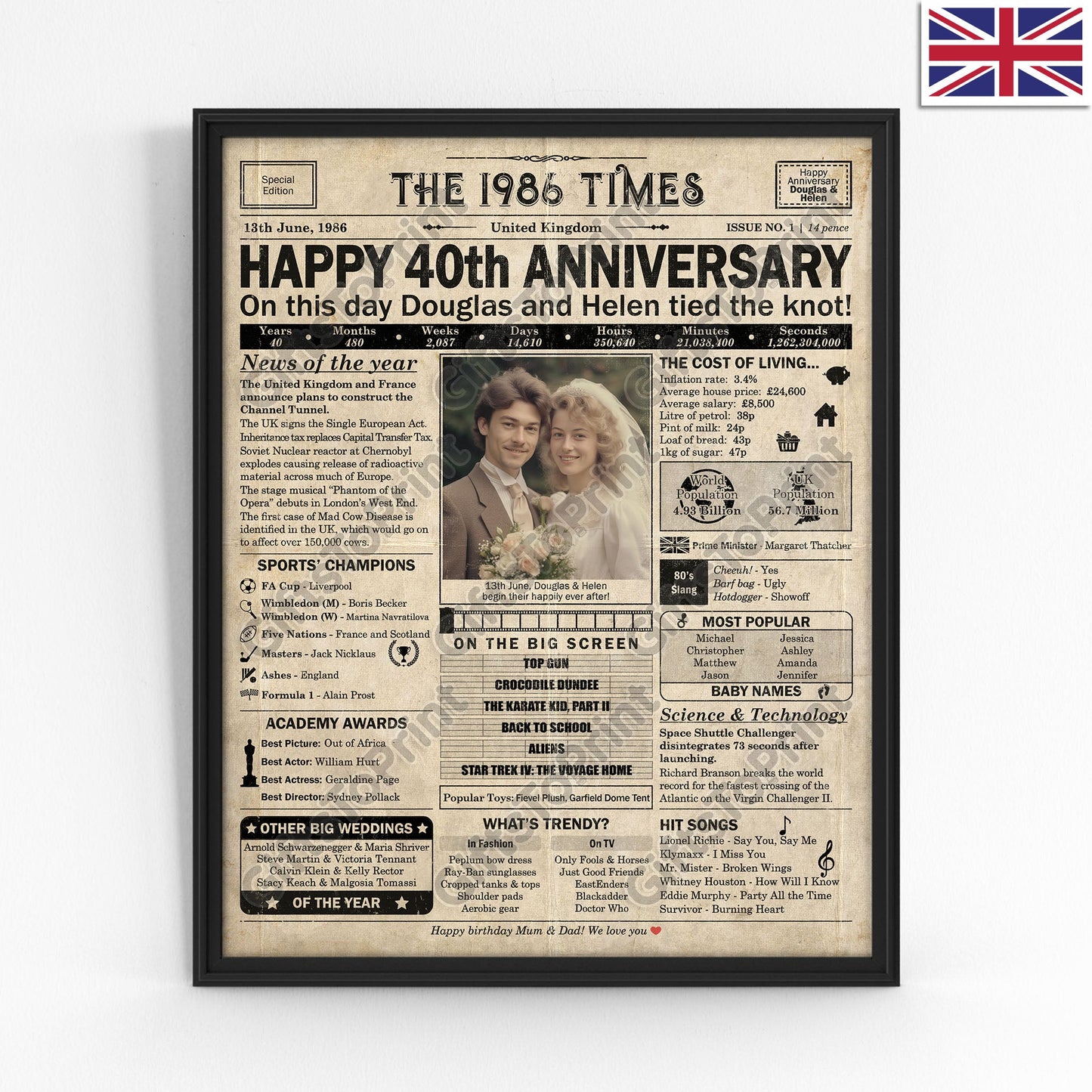Personalised 40th Anniversary Gift: A Printable UK Newspaper Poster of 1986