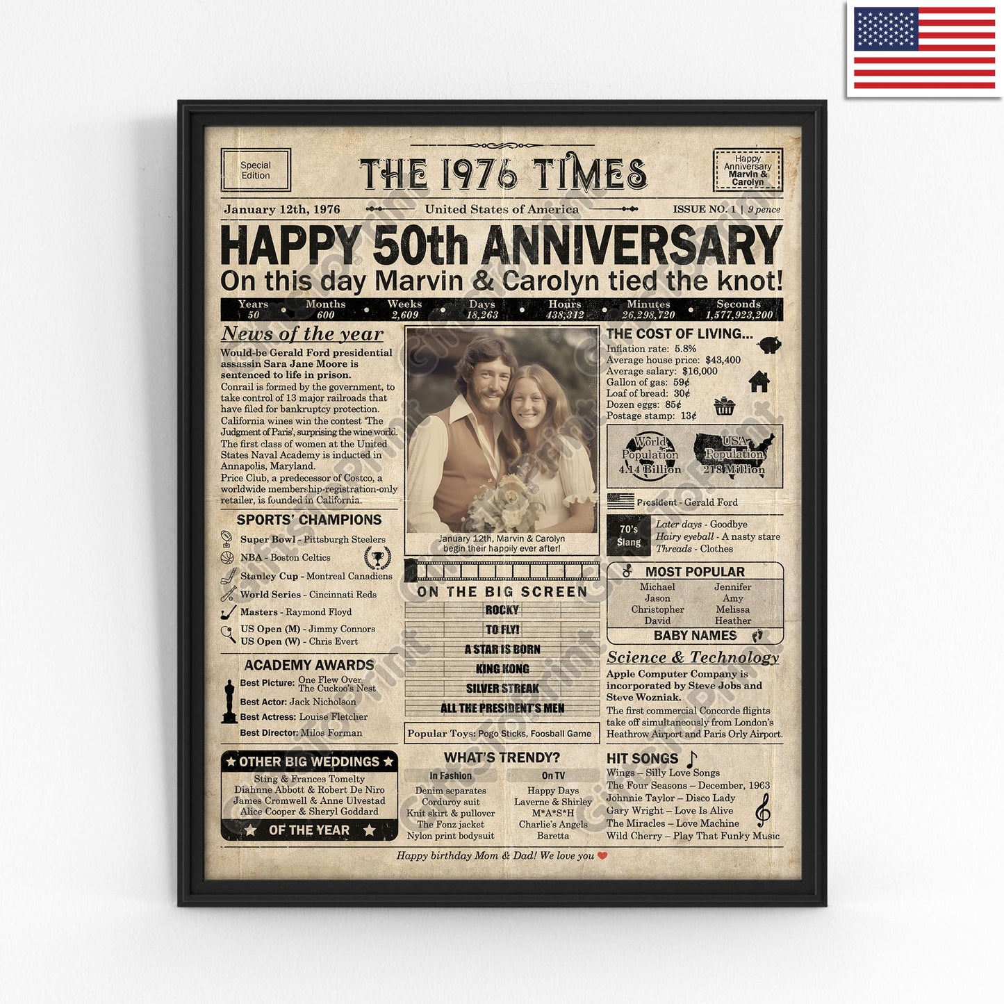 Personalized 50th Anniversary Gift: A Printable US Newspaper Poster of 1976