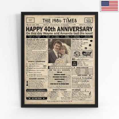 Personalized 40th Anniversary Gift: A Printable US Newspaper Poster of 1986