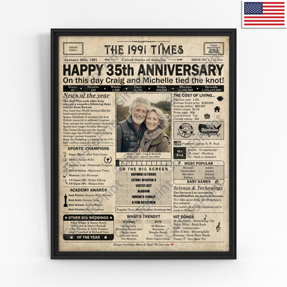 Personalized 35th Anniversary Gift: A Printable US Newspaper Poster of 1991