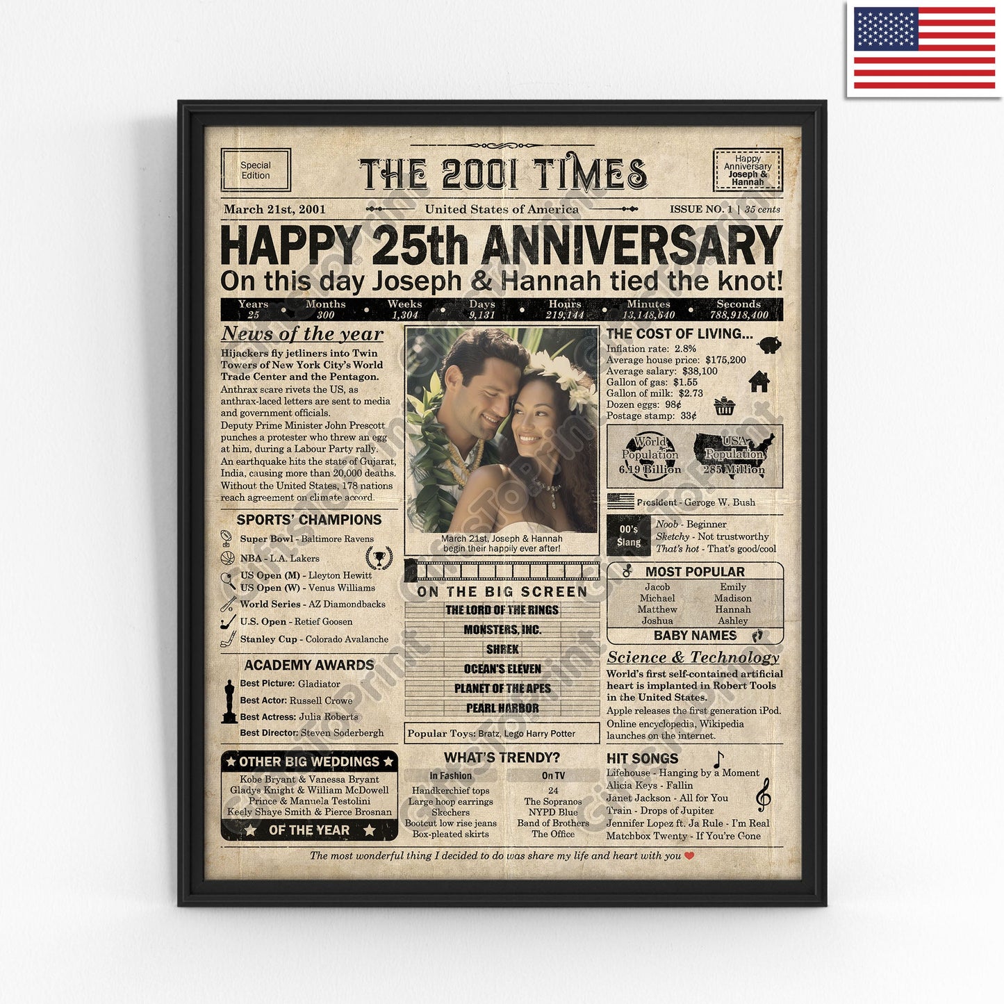 Personalized 25th Anniversary Gift: A Printable US Newspaper Poster of 2001