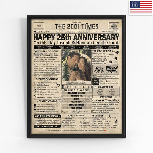 Personalized 25th Anniversary Gift: A Printable US Newspaper Poster of 2001