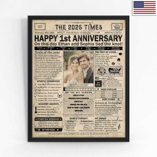 Personalized 1st Anniversary Gift: A Printable US Newspaper Poster of 2025