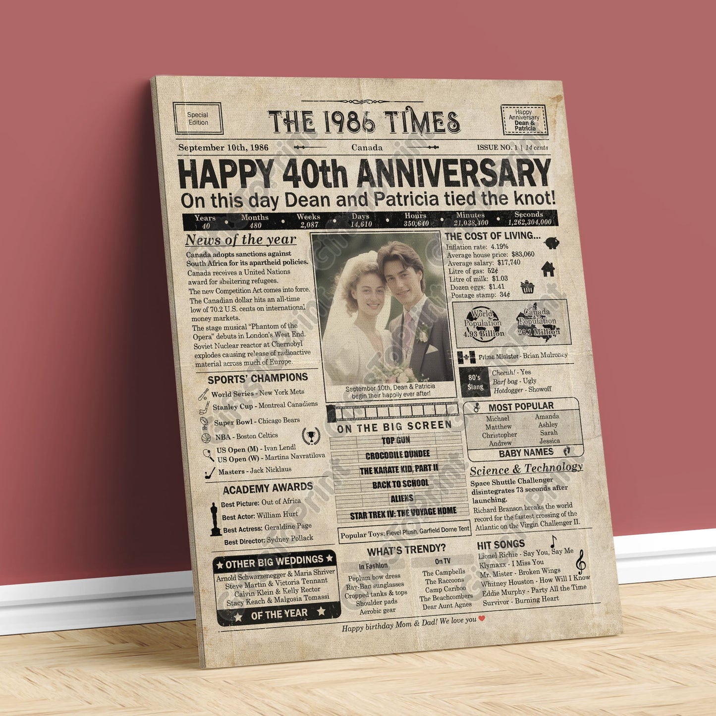 Personalized 40th Anniversary Gift: A Printable CANADIAN Newspaper Poster of 1986