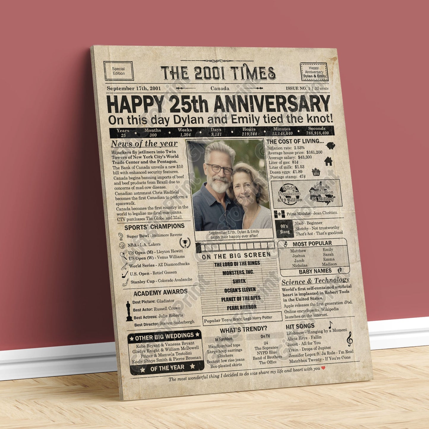 Personalized 25th Anniversary Gift: A Printable CANADIAN Newspaper Poster of 2001