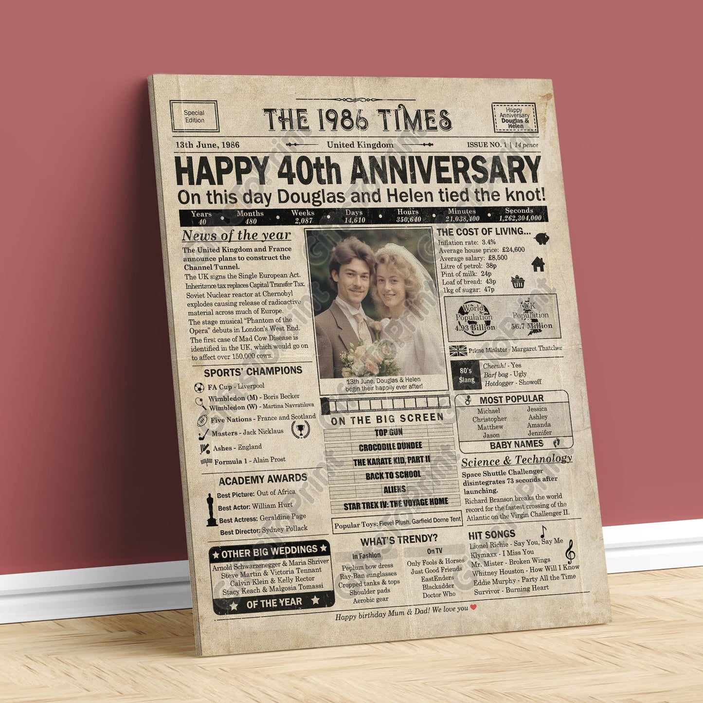 Personalised 40th Anniversary Gift: A Printable UK Newspaper Poster of 1986