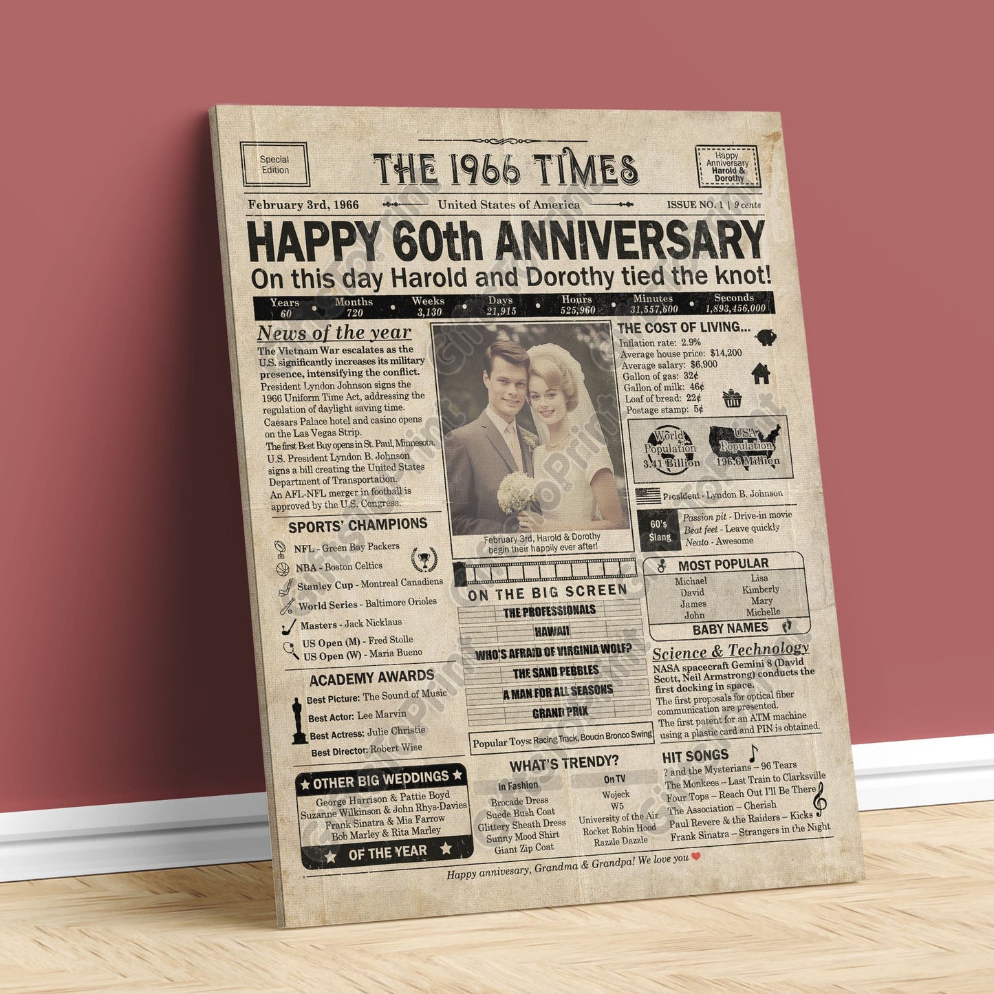 Personalized 60th Anniversary Gift: A Printable US Newspaper Poster of 1966