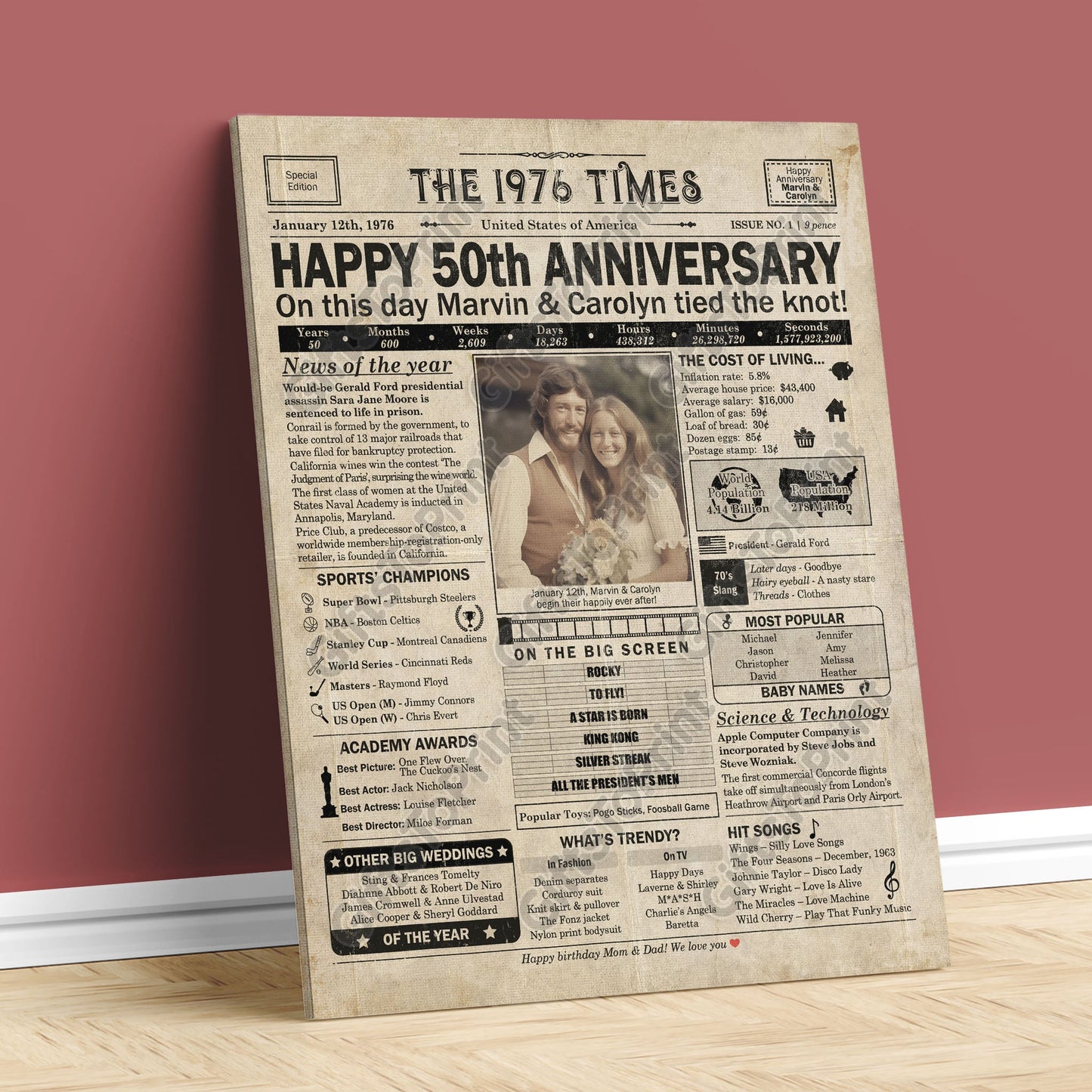 Personalized 50th Anniversary Gift: A Printable US Newspaper Poster of 1976