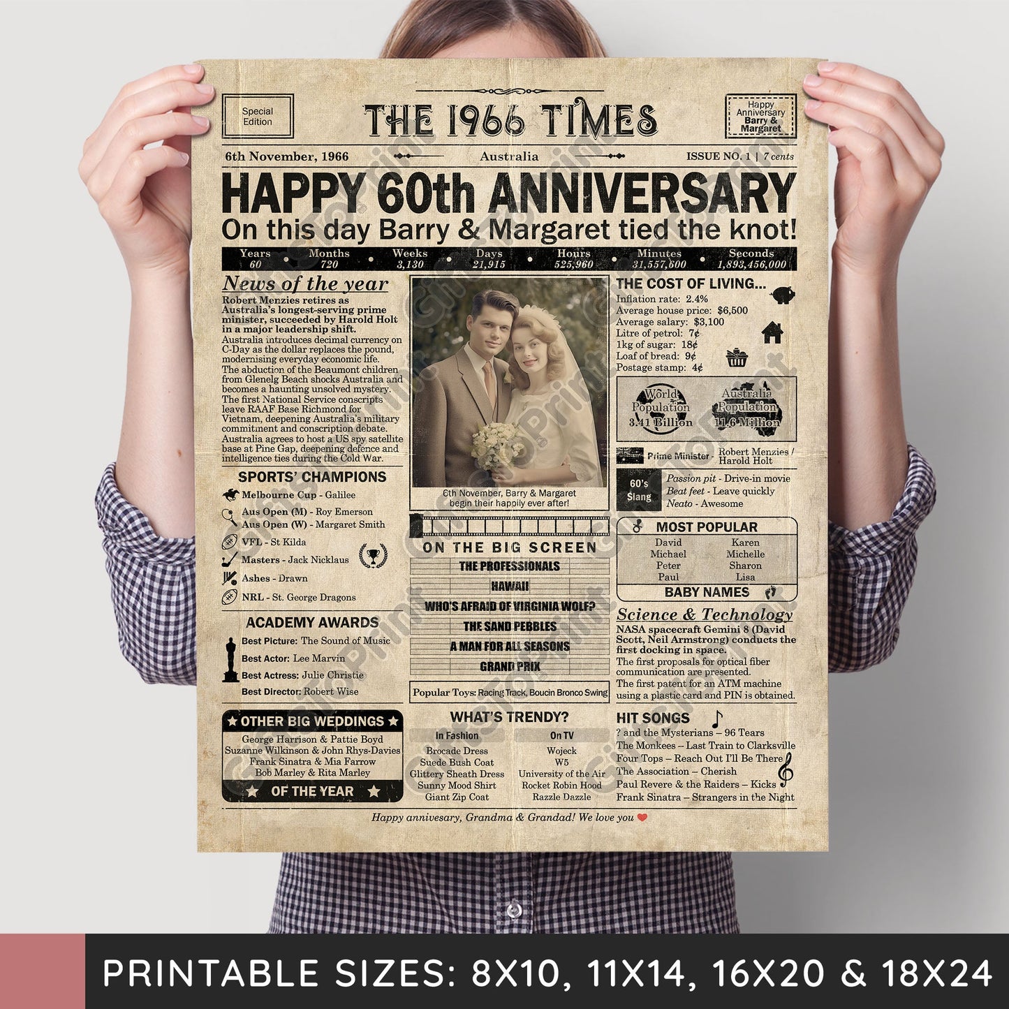 Personalised 60th Anniversary Gift: A Printable AUSTRALIAN Newspaper Poster of 1966