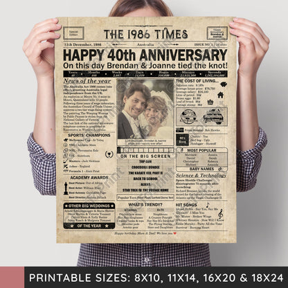 Personalised 40th Anniversary Gift: A Printable AUSTRALIAN Newspaper Poster of 1986
