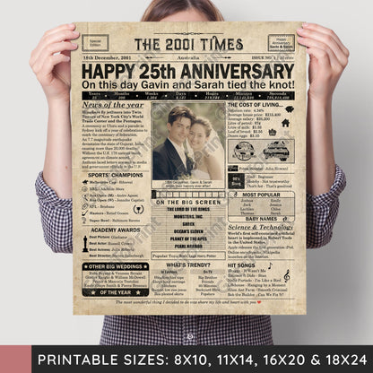 Personalised 25th Anniversary Gift: A Printable AUSTRALIAN Newspaper Poster of 2001