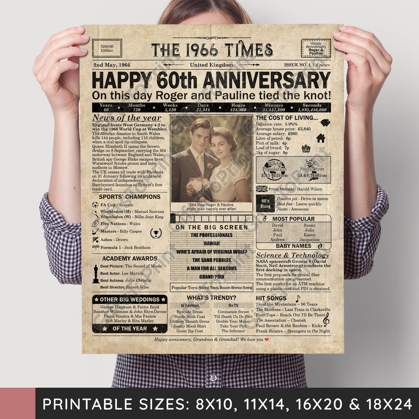 Personalised 60th Anniversary Gift: A Printable UK Newspaper Poster of 1966