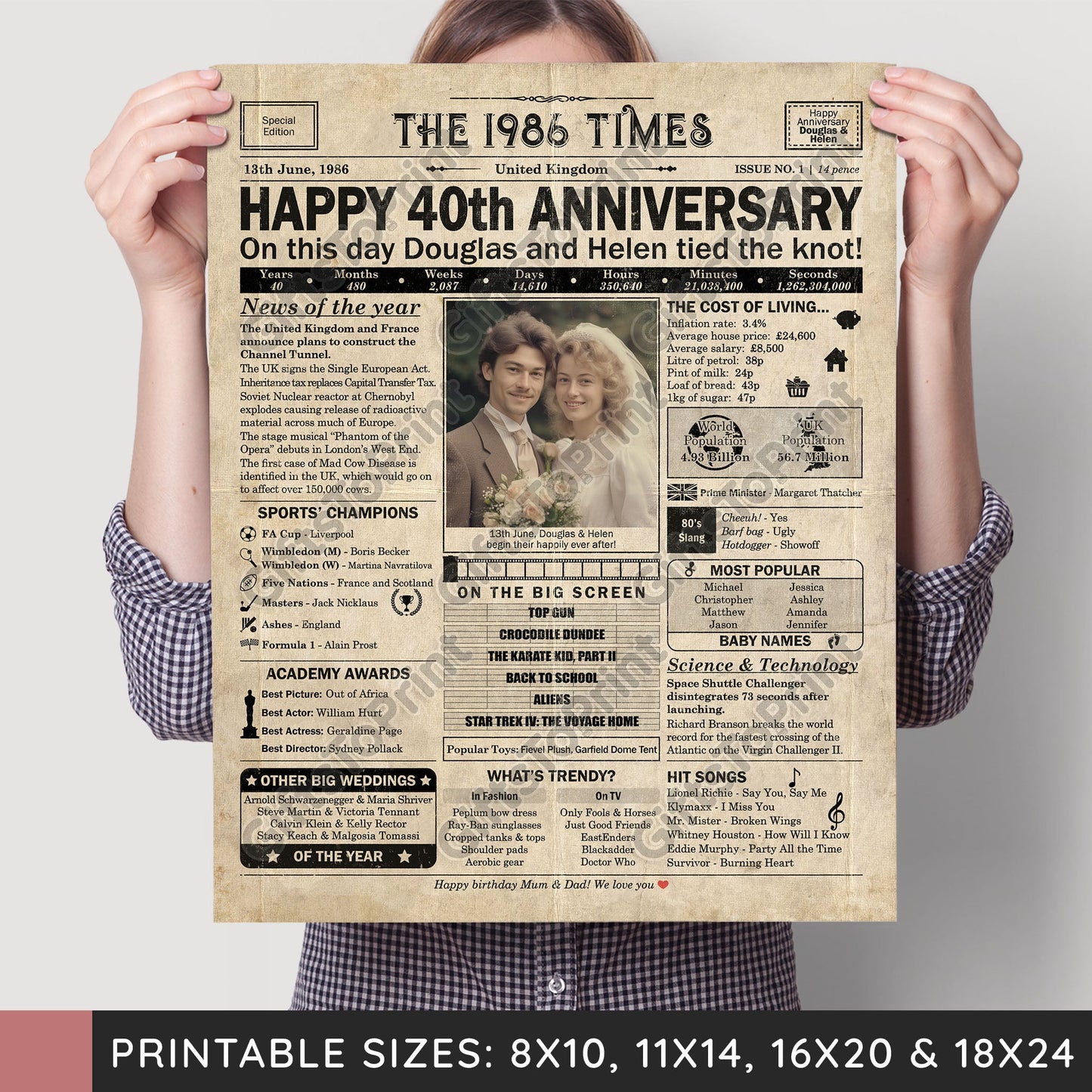 Personalised 40th Anniversary Gift: A Printable UK Newspaper Poster of 1986