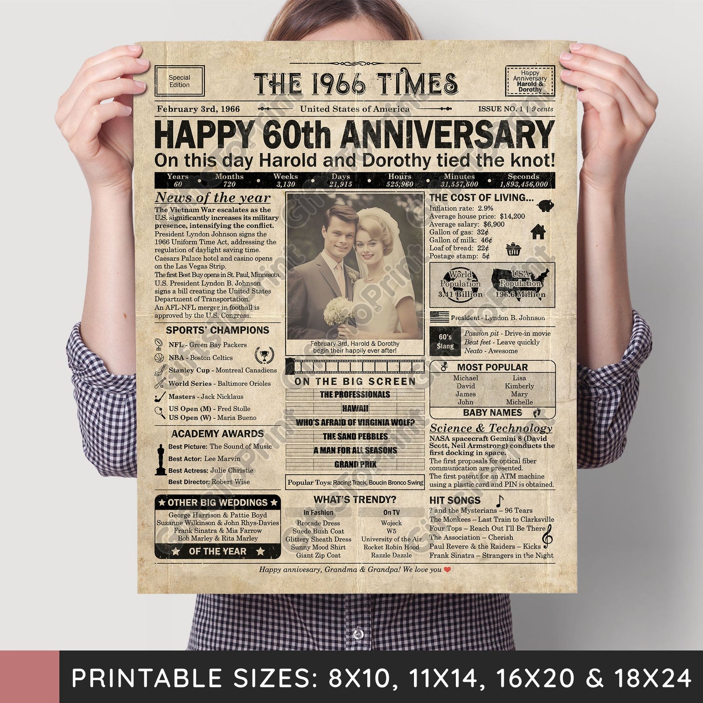 Personalized 60th Anniversary Gift: A Printable US Newspaper Poster of 1966