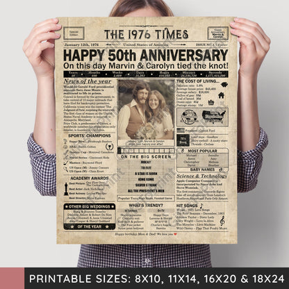 Personalized 50th Anniversary Gift: A Printable US Newspaper Poster of 1976