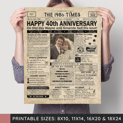 Personalized 40th Anniversary Gift: A Printable US Newspaper Poster of 1986