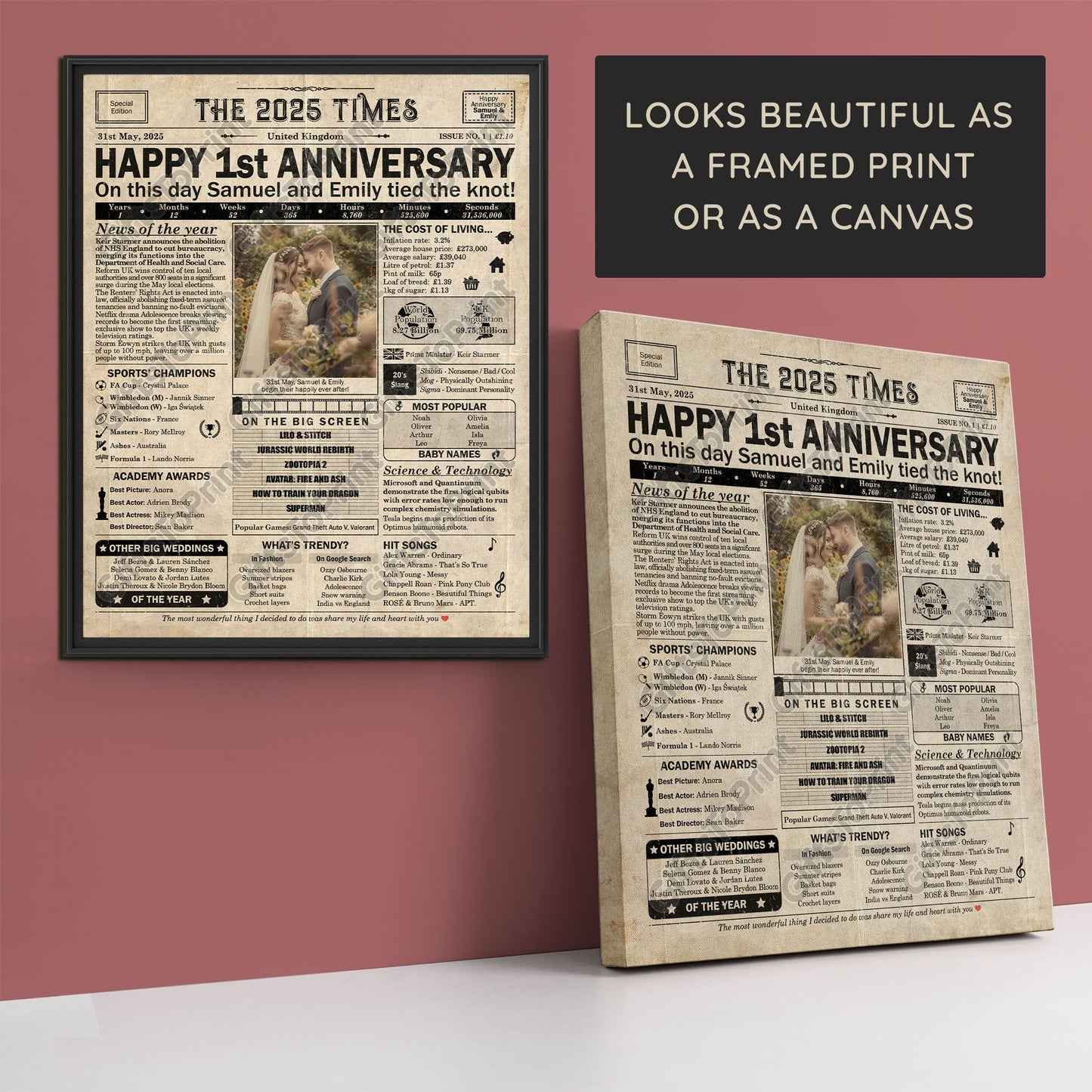 Personalised 1st Anniversary Gift: A Printable UK Newspaper Poster of 2025