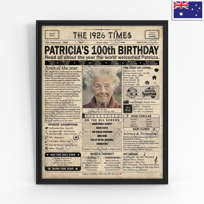 Personalised 100th Birthday Gift: A Printable AUSTRALIAN Birthday Poster of 1926