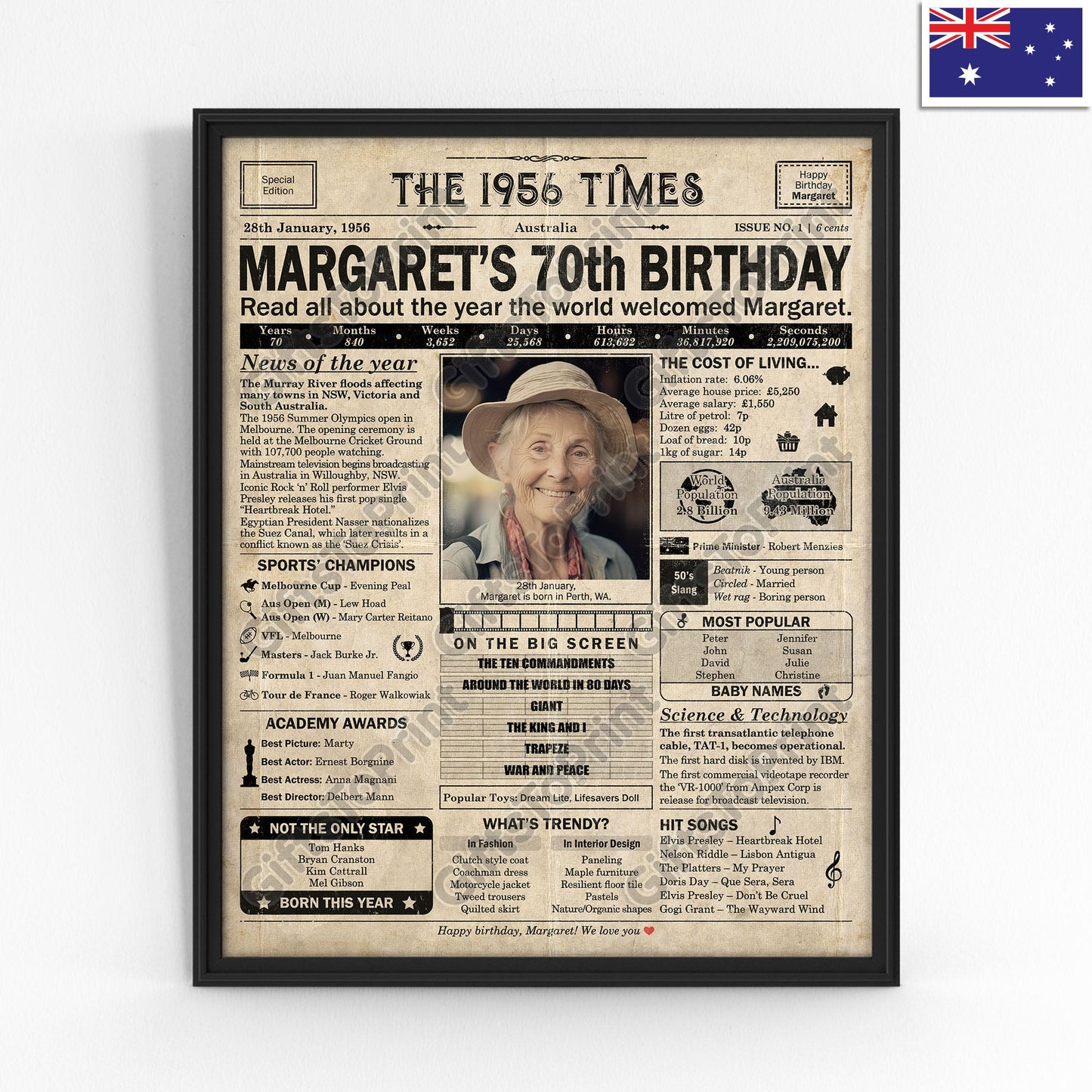 Personalised 70th Birthday Gift: A Printable AUSTRALIAN Birthday Poster of 1956